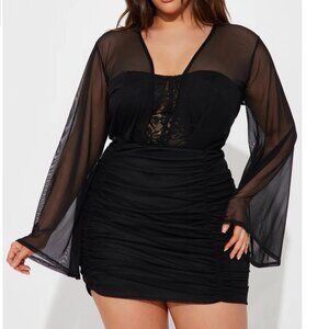 Fashion Nova Ready For Everything Black Mesh Sleeve Ruched Mini Dress in 2XL